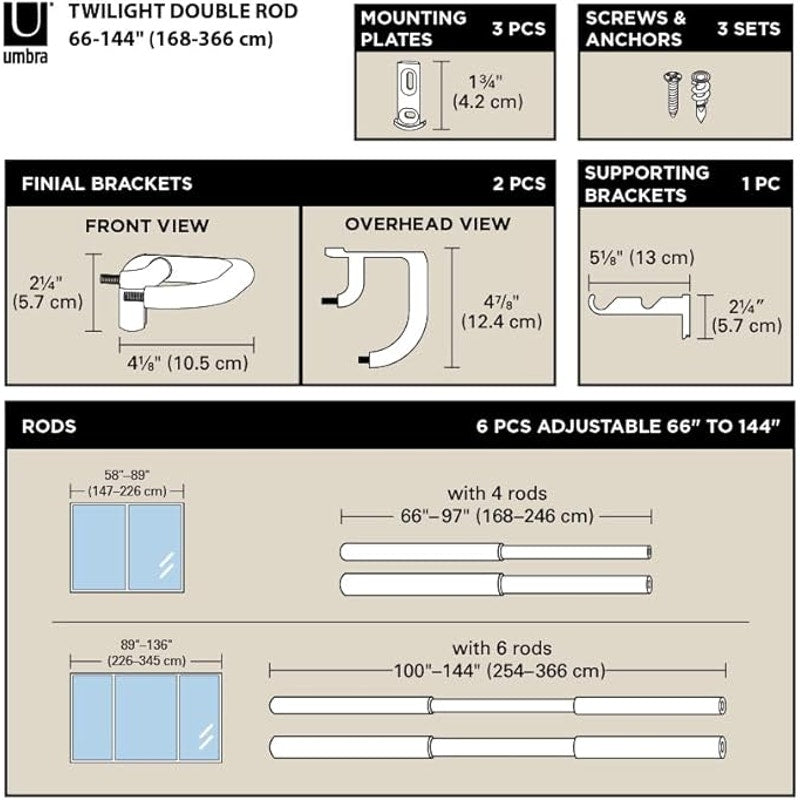 Umbra Twilight Double Curtain Rod Set –Wrap Around Design is Ideal for Blackout, 66-144 Inch, Black