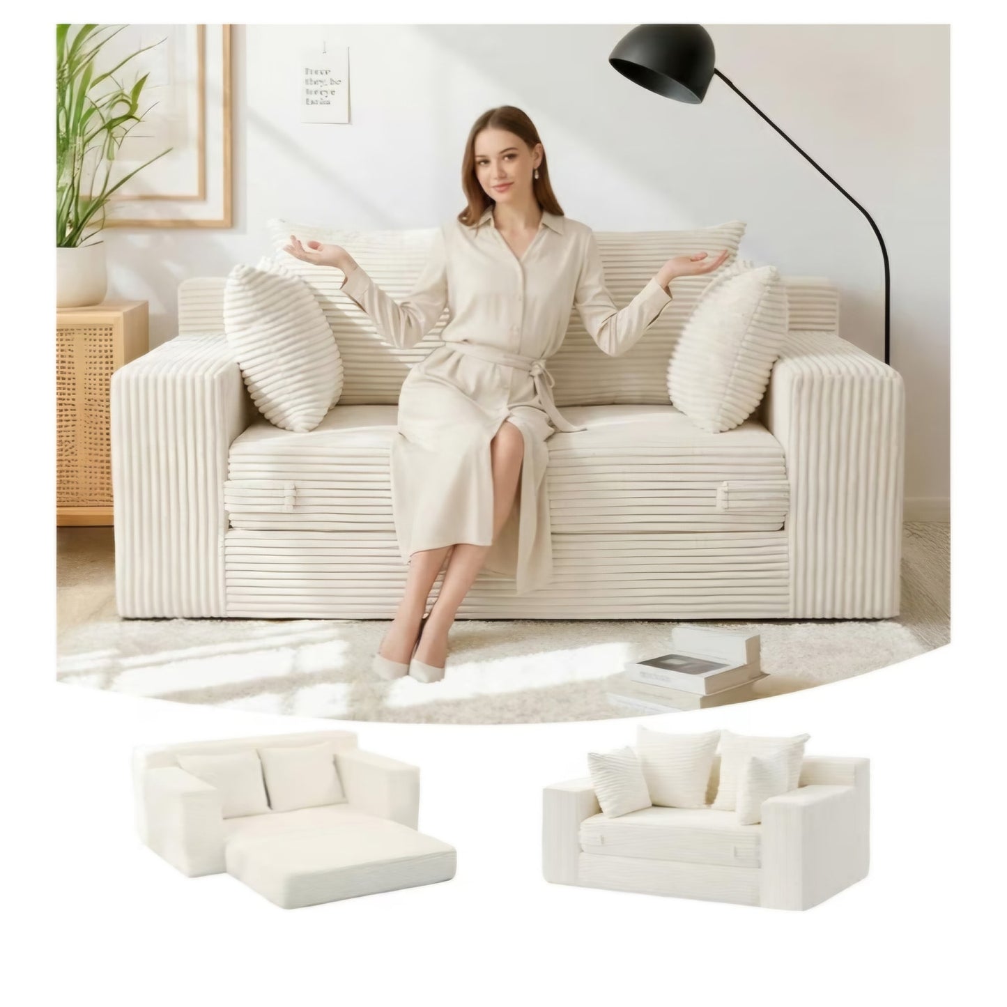 Boneless Loveseat Sleeper Sofa Bed, 3-in-1 Convertible Sofa Bed and Futon Couch with 4 Pillows