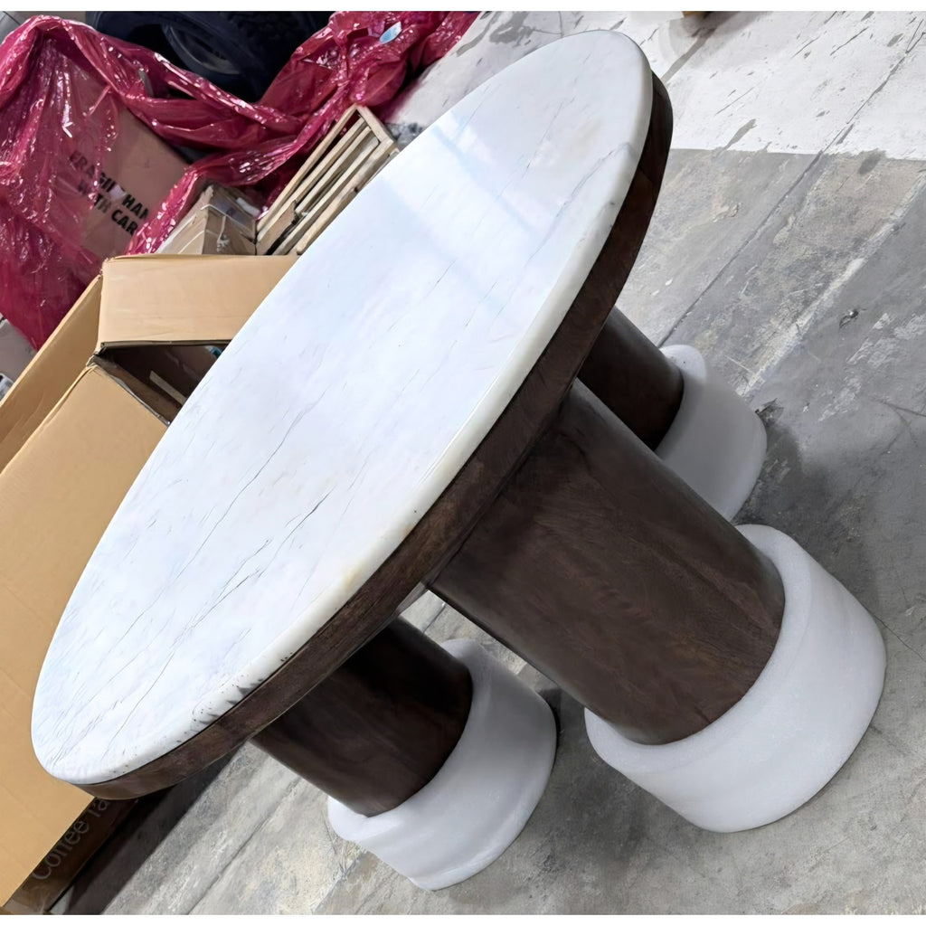 Ellison 33 Inch Round Mango Wood Coffee Table in Walnut with Marble Top