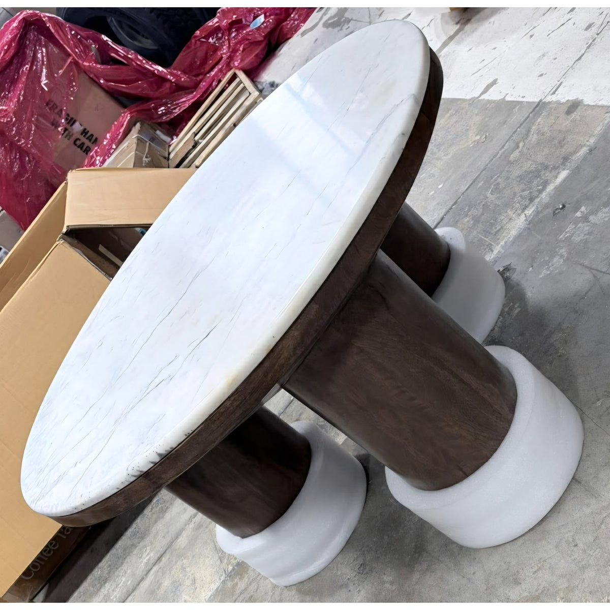 Ellison 33 Inch Round Mango Wood Coffee Table in Walnut with Marble Top