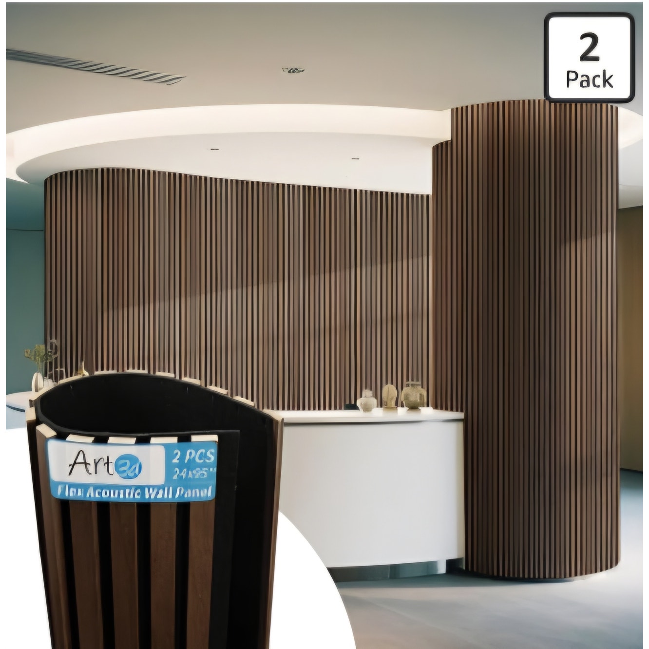 2-Pack Acoustic Wood Slat Wall Panel with Roll-Flat Design - 95.3 x 23.8 Walnut
