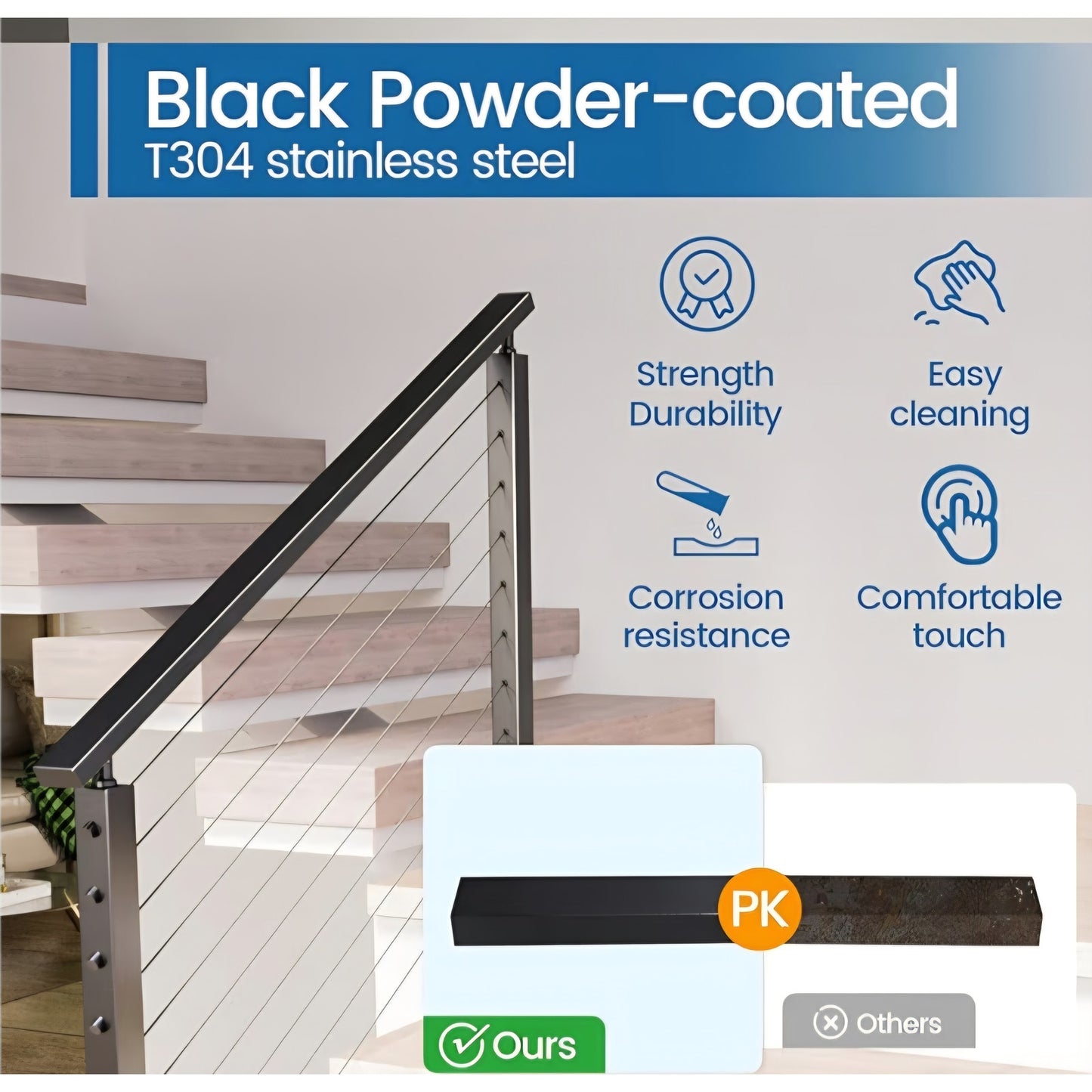 6'6" Black Cable Railing Handrail Rectangular Stainless Steel Handrail for Cable Railing System