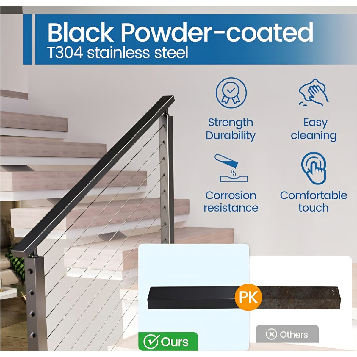 6'6" Black Cable Railing Handrail Rectangular Stainless Steel Handrail for Cable Railing System