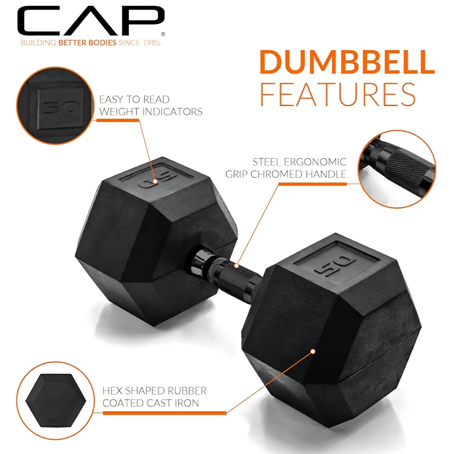 CAP Barbell Coated Hex Dumbbell Weight - Single | 50 lbs
