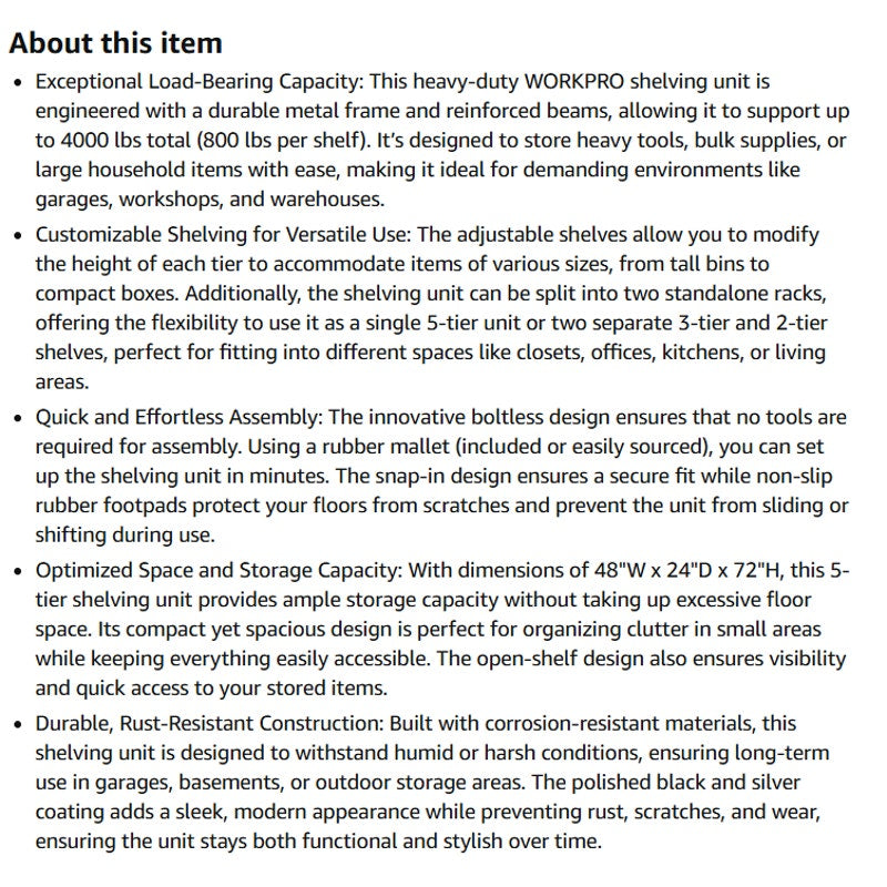 WORKPRO 5-Layer Heavy Duty Metal Storage Rack, 48”W x 24”D x 72”H,with 4000 lbs. Matte Black