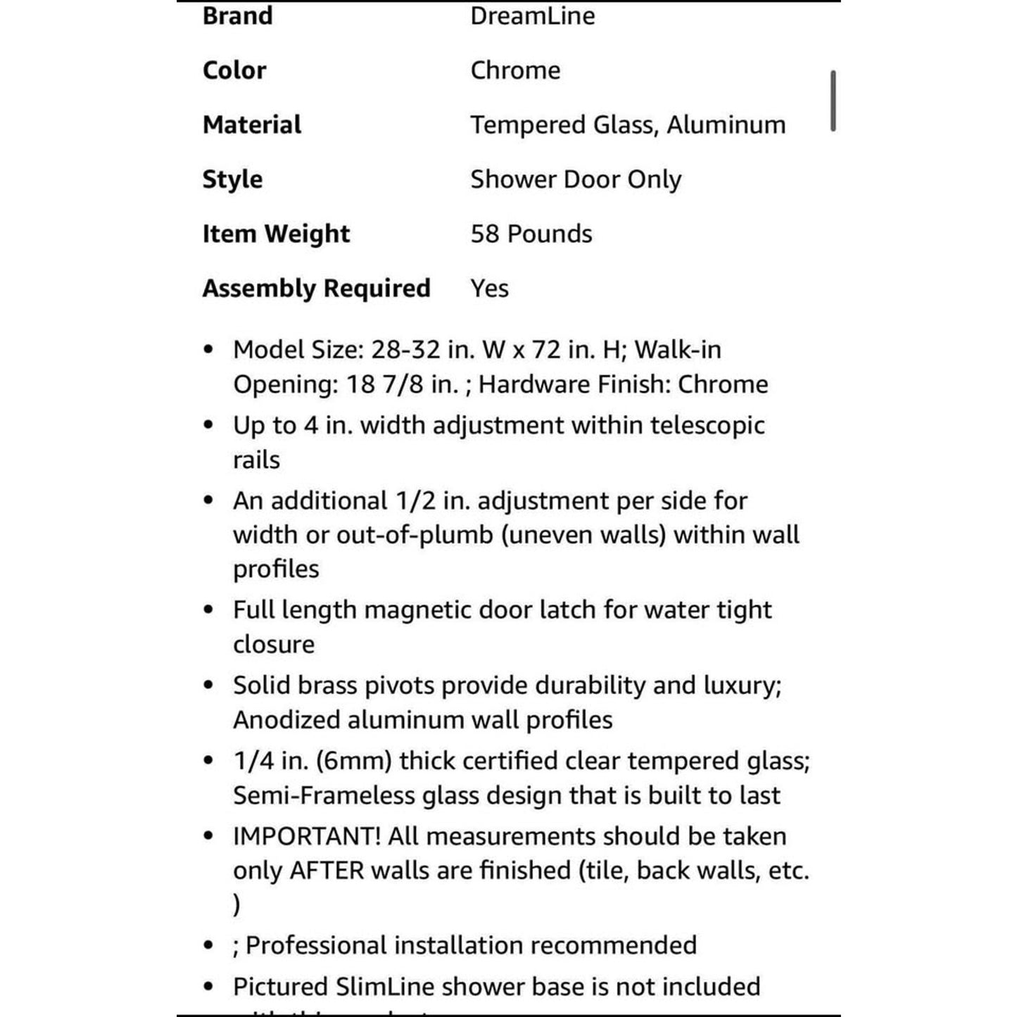 DreamLine SHDR-[hidden information] Flex Semi-Frameless Pivot Shower Door, 28-32 in Width x 72 in He