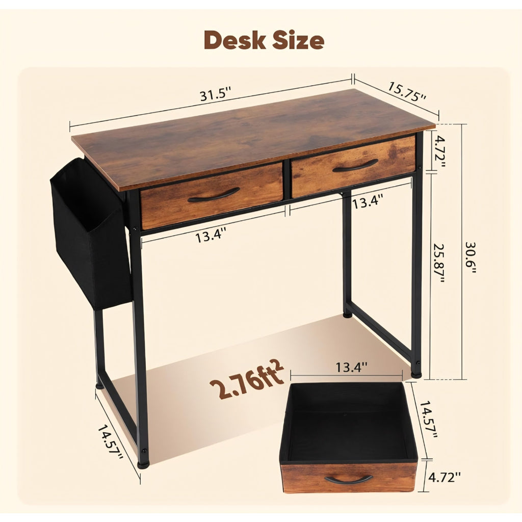31.5 Inch Small Home Office Desk with 2 Fabric Drawers, Computer Desk with Drawers