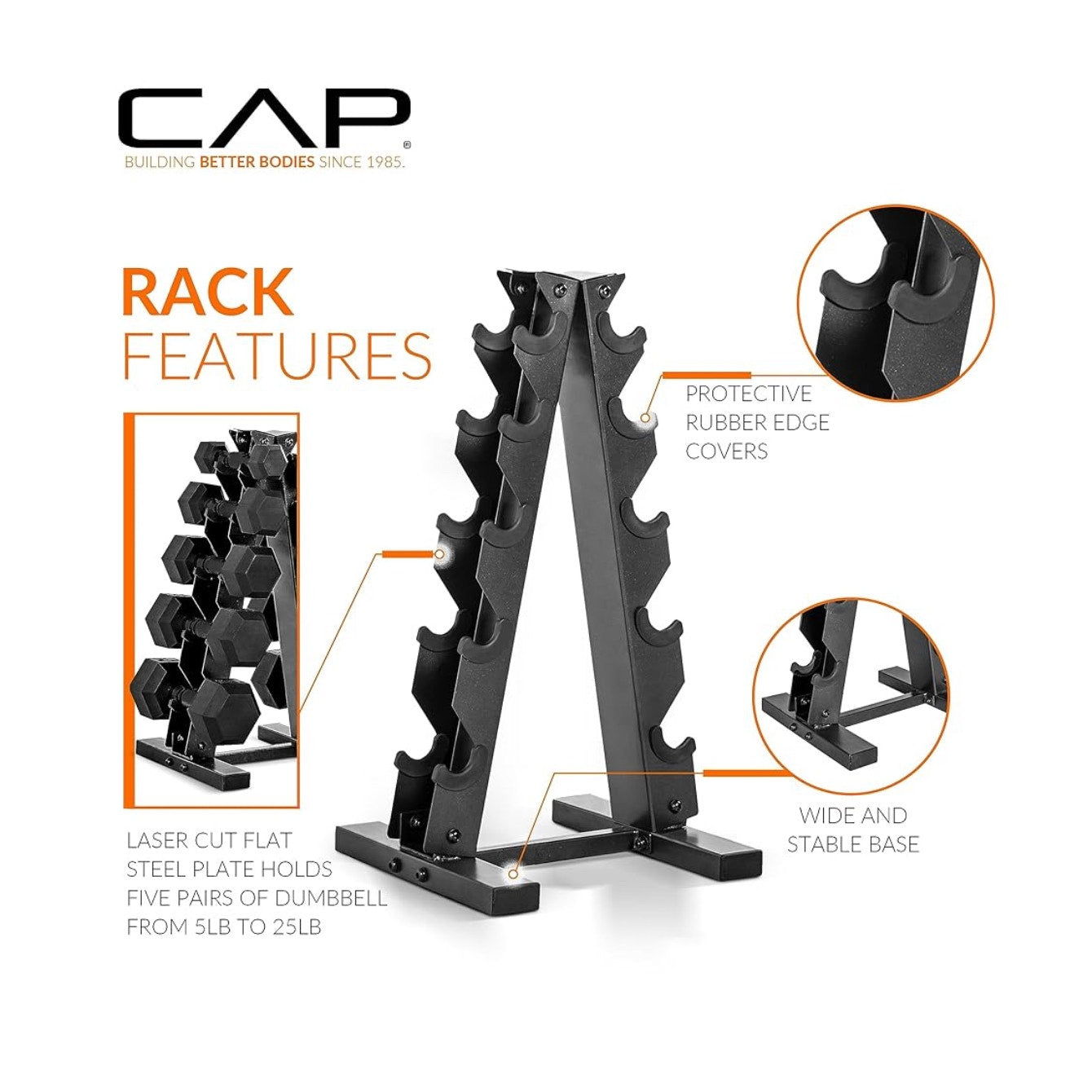 CAP Barbell Rubber Coated Dumbbell Weight Set with Vertical Rack | 150 lbs