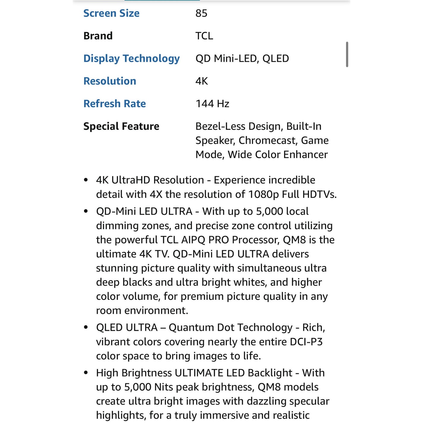 TCL 85-Inch QM85 QLED 4K Smart QD-Mini LED TV
