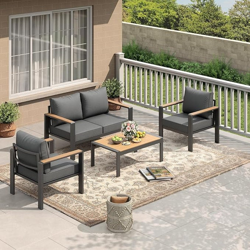 Garvee Aluminum Patio Furniture Set 4 Seats, Generous Outdoor Sectional, Washable Thick. Dark Grey