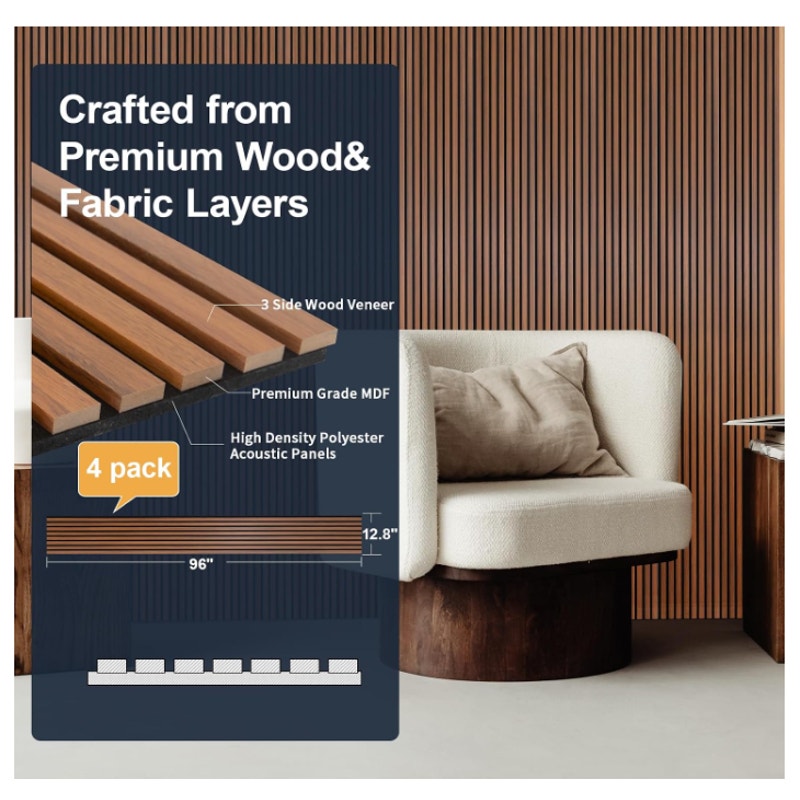 NeatiEase Wood Panels for Wall, 4-Piece 96" x 12.6" Soundproof Wood Slat Wall