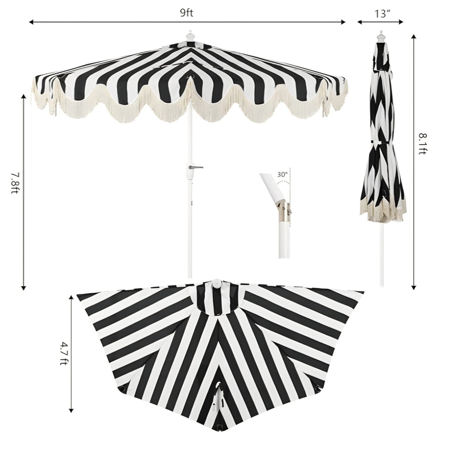 Half Umbrella UMB1201H Beverly 9 ft. Designer Classic Scalloped Fringe Market Patio with Crank