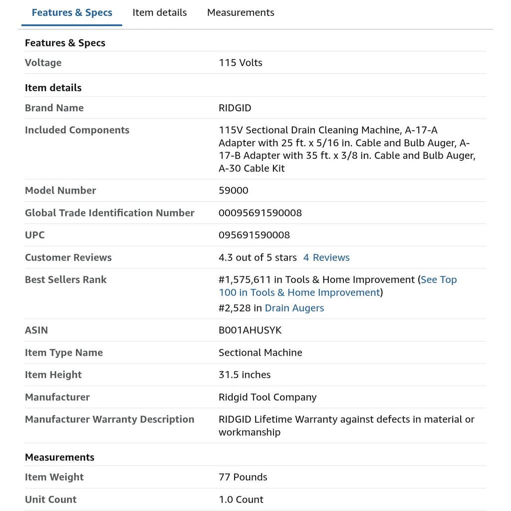 RIDGID 59000 K-50-8 Sectional Machine