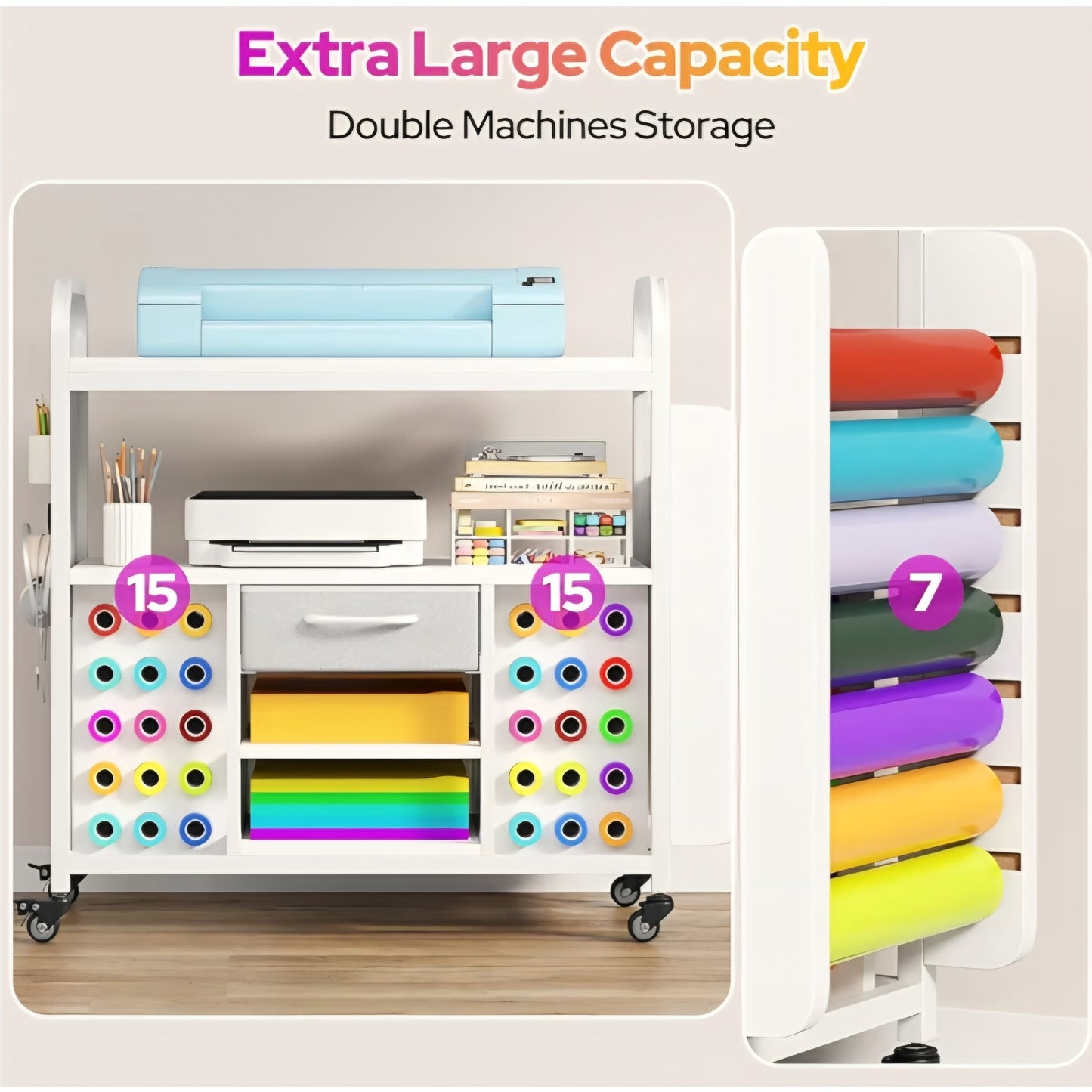 Craft Organization and Storage Cart with Wheels, Vinyl Roll Holder & Hook Up