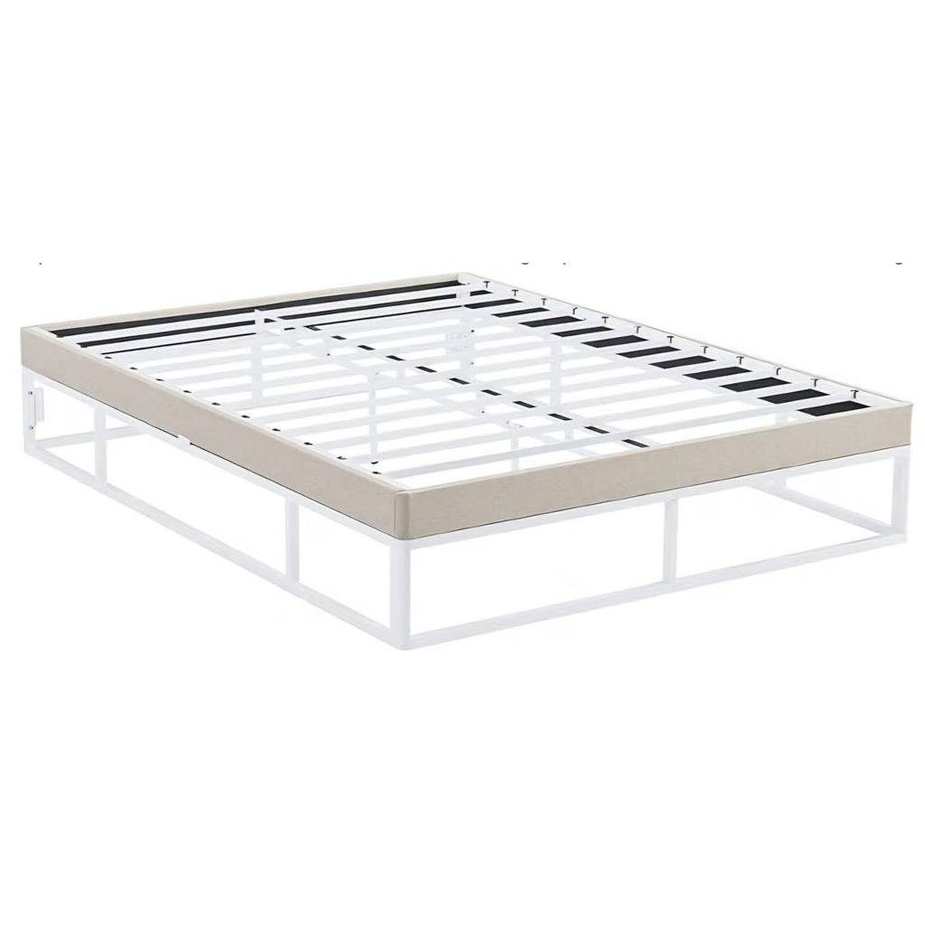 King Size Capri White Metal Platform Bed Frame with Built-in Beige Upholstered Mattress Foundation
