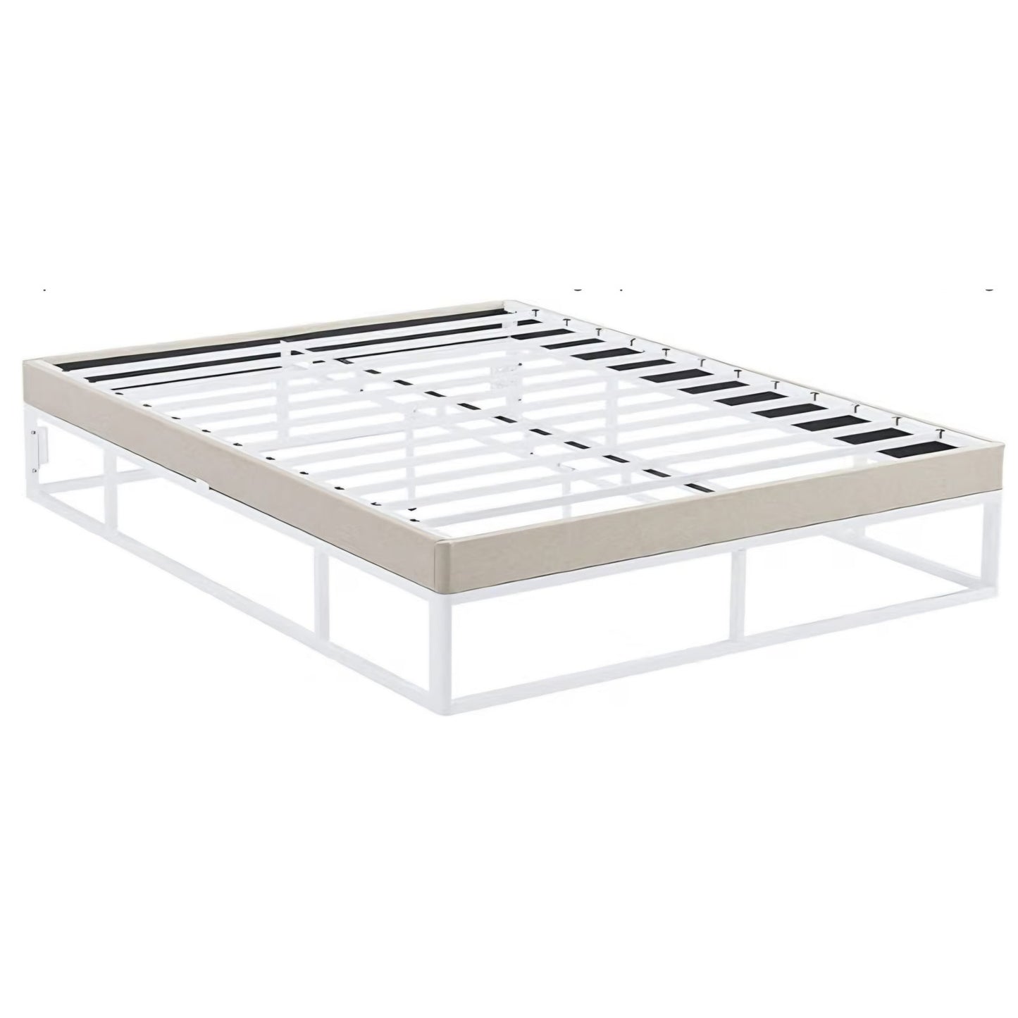King Size Capri White Metal Platform Bed Frame with Built-in Beige Upholstered Mattress Foundation