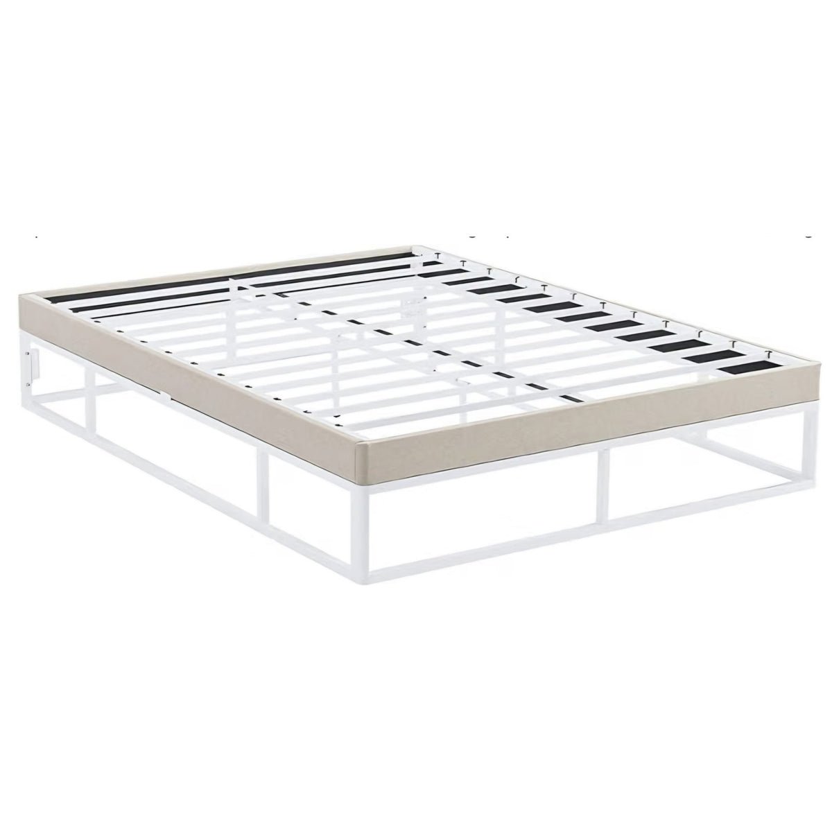 King Size Capri White Metal Platform Bed Frame with Built-in Beige Upholstered Mattress Foundation