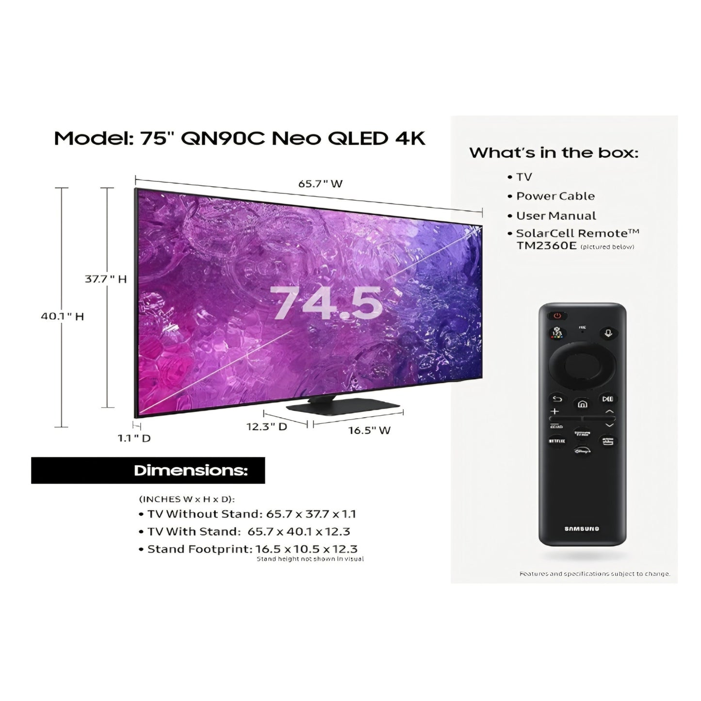 SAMSUNG 75-Inch Class Neo QLED 4K QN90C Series Quantum HDR+, Dolby Atmos, Object Tracking Sound