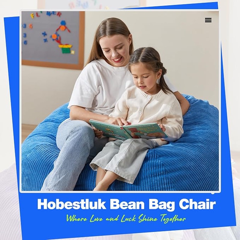 Hobestluk 4.5FT Bean Bag Chair Giant Bean Bag Chair with Filler Included Adult, Jumbo, Blue
