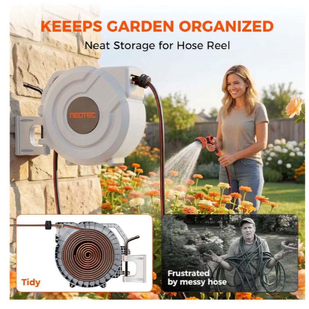 NEO-TEC 115ft 5/8" Retractable Garden Hose Reel with Auto Rewind Any Length Lock Heavy Duty Hose