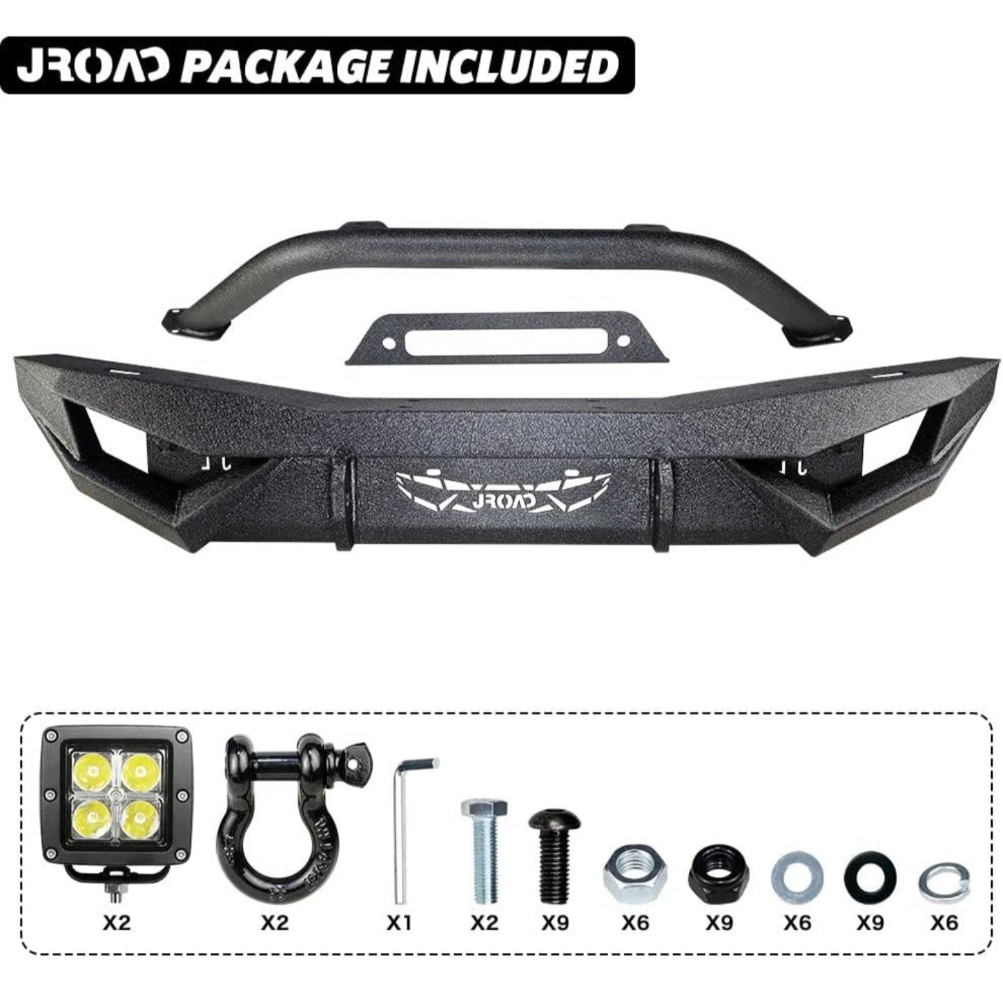 JROAD Compatible with Jeep Wrangler, Front Bumper W/LED Lights, 2 x D-Rings, Winch Plate,2018-2025J