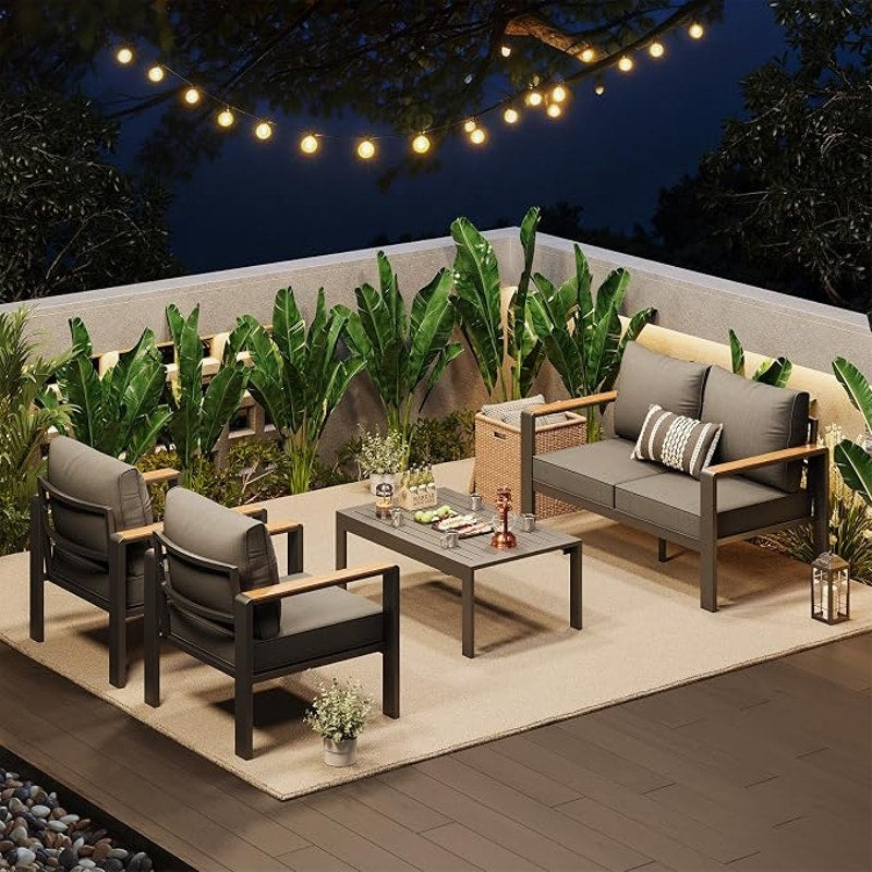 Garvee Aluminum Patio Furniture Set 4 Seats, Generous Outdoor Sectional, Washable Thick. Dark Grey