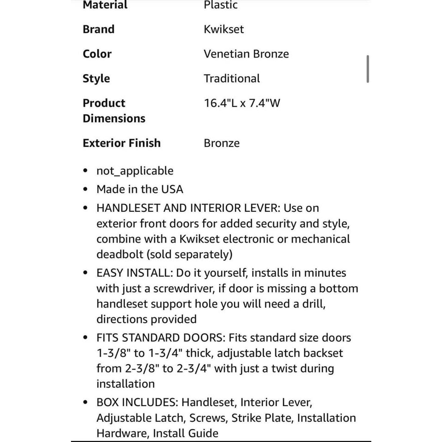 Kwikset Prescott Front Door Handle No Lock, Entry Handleset Exterior with Interior Reversible Handed
