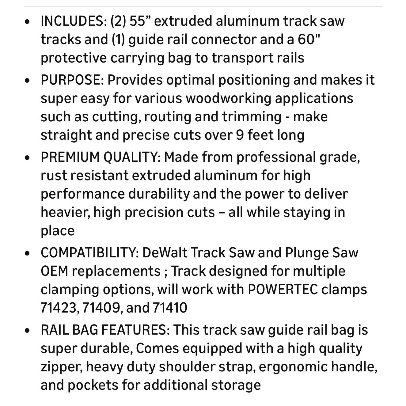 POWERTEC 110" Track Saw Guide Rail Connector Set with Protective Bag for DeWalt Track Saws | Includes 2x55" Aluminum Extruded Guide Rails