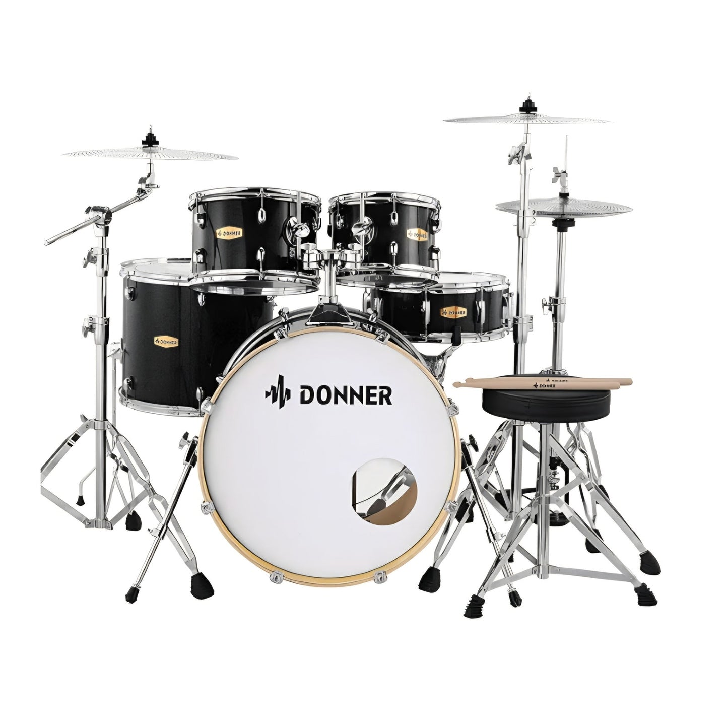 Donner Drum Set Adult with Practice Mute Pad,5-Piece 22 inch Full Size Acoustic Drum Kit, Black