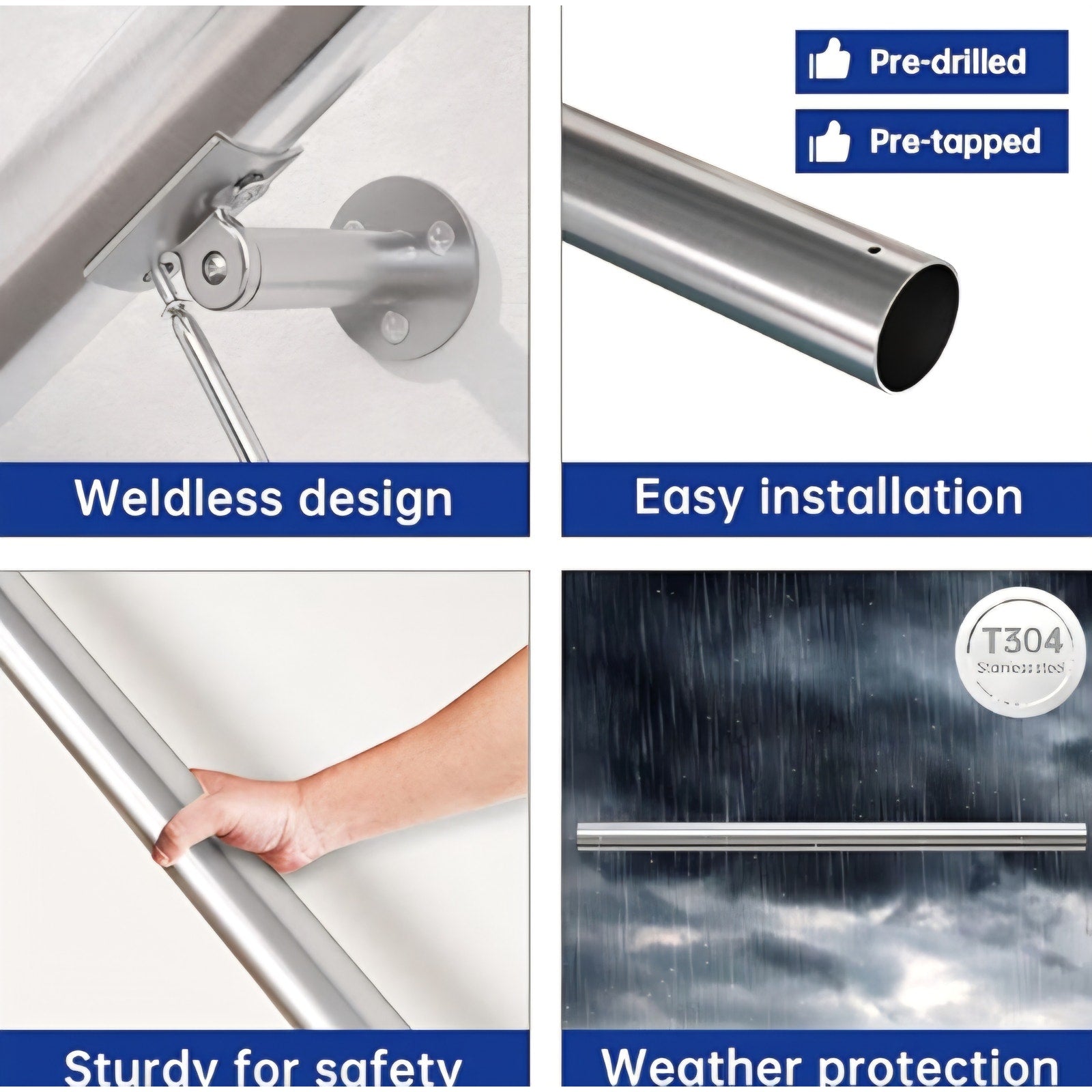 Muzata 5Ft Pre-drilled Stair Handrail 2" OD Round Brushed Wall Mounted Handrail 5 ft
