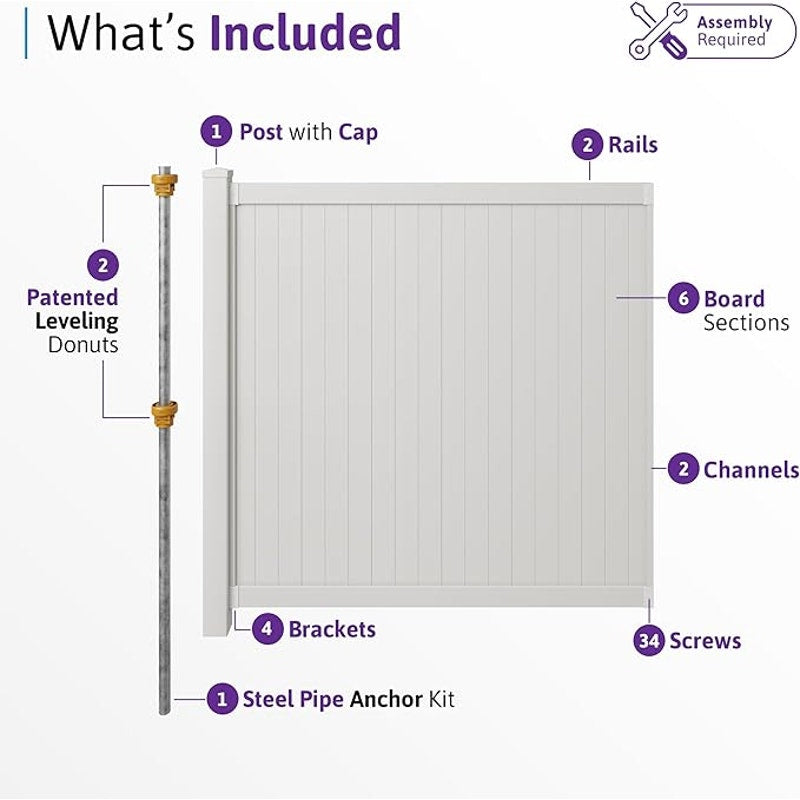 6ft H x 6ft W (1 Panel + 1 Post) Permanent No Dig WamBam Cambridge Fence Kit, Durable White Vinyl.