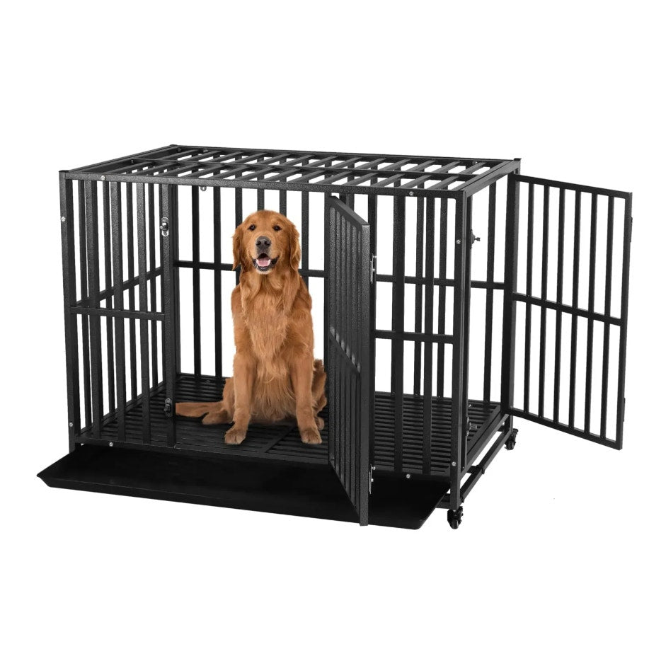 LUCKUP Heavy Duty Dog Cage - with 2 Doors and 4 Wheels