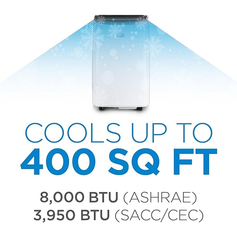 BLACK+DECKER Portable Air Conditioner, 8,000 BTU (3,950 BTU SACC) for Rooms up to 400 Sq. Ft, White
