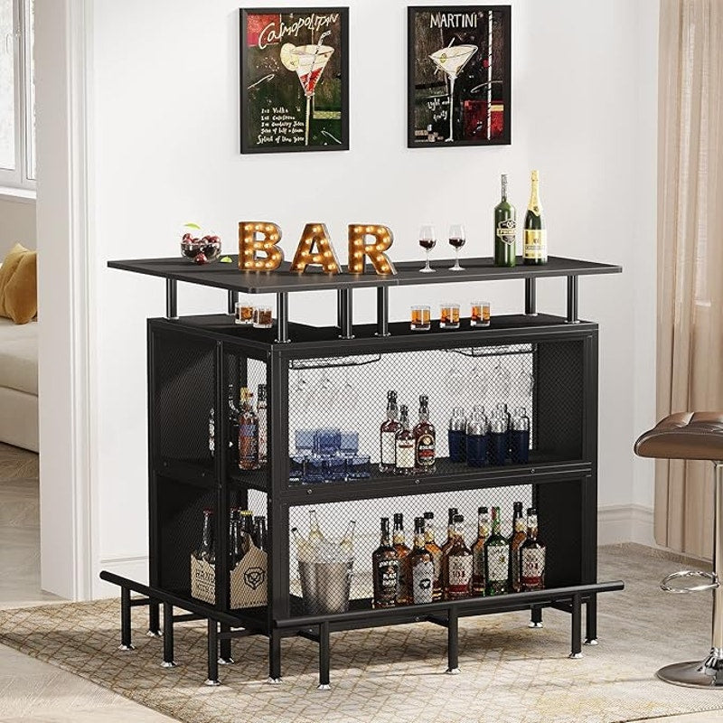 LITTLE TREE Home Bar Unit Mini Liquor Table Cabinet, Black, 17.72"D x 47.24"W x 41.93"H