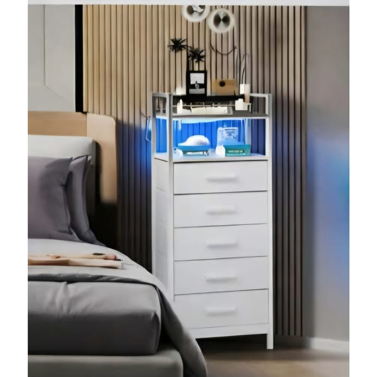 Nightstand 5 Drawer Dresser with Charging Station & LED Lights, Side Table with Fabric Drawers