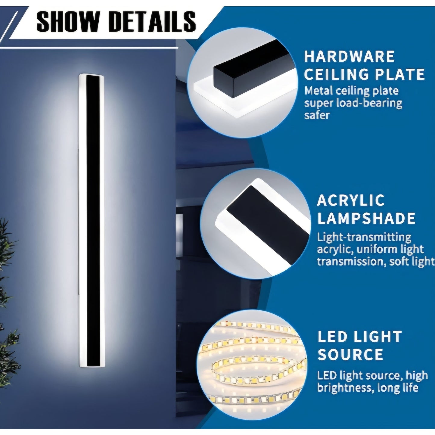 57inch Exterior Wall Light Fixture, 6000K Cold White, Modern Long Outdoor Wall Sconce
