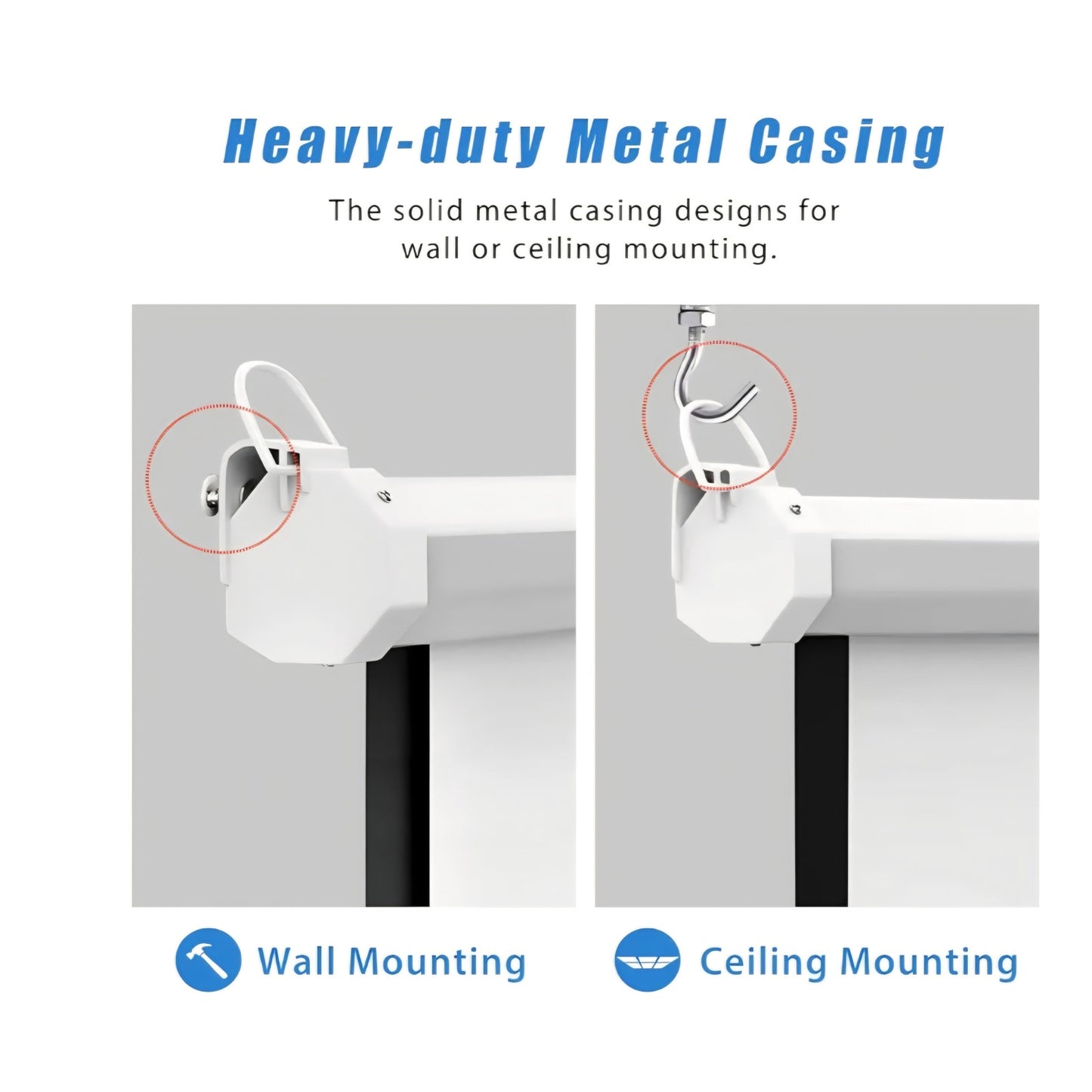 82-INCH Manual Pull Down White Projector Screen 16:9 1.2 Gain Retractable Auto-Locking 4K 8K