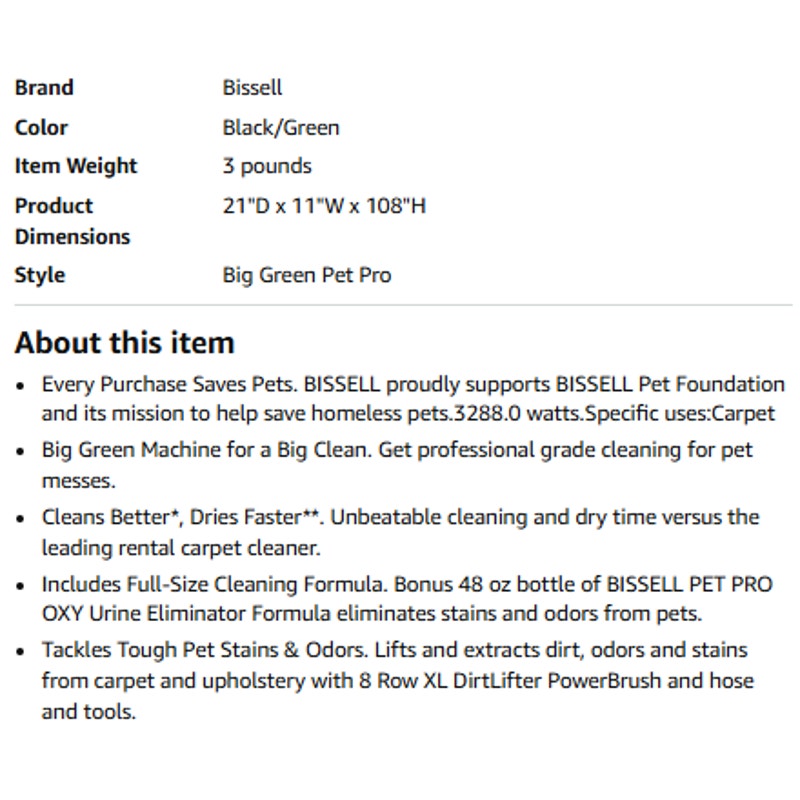 BISSELL Big Green PET PRO Carpet Cleaner, XL DirtLifter PowerBrush 8-row PowerBrush