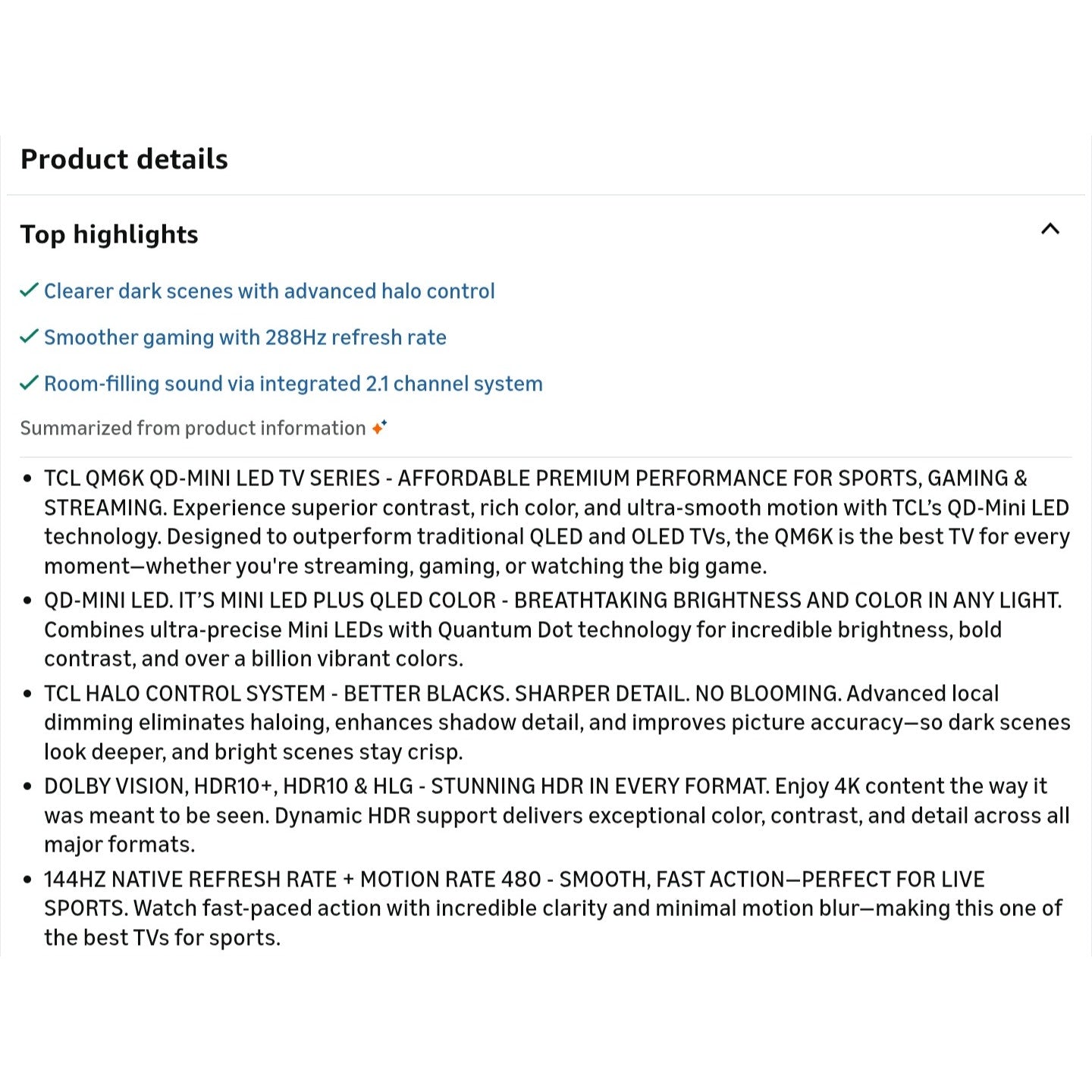 TCL 75 Inch Class QM6K Series | Mini LED QLED 4K HDR | 75QM6K, 2025 Model | 120HZ-144HZ