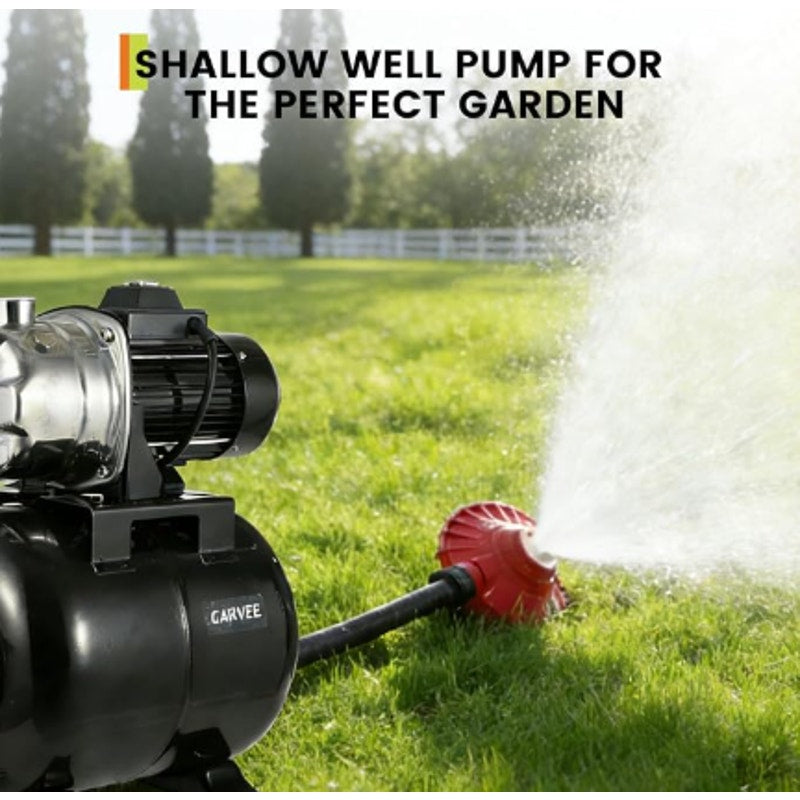 1 HP Shallow Well Jet Pump with 5-Gallon Pressure Tank – Stainless Steel, 130ft Lift, 20ft Suction