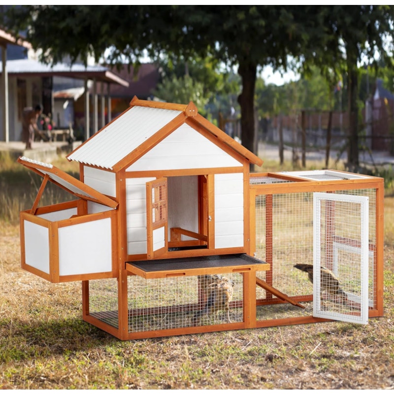 PioneerWorks Outdoor Chicken Coop Wooden Hen House with Run, Poultry Cage w/Ramps, Nesting Box