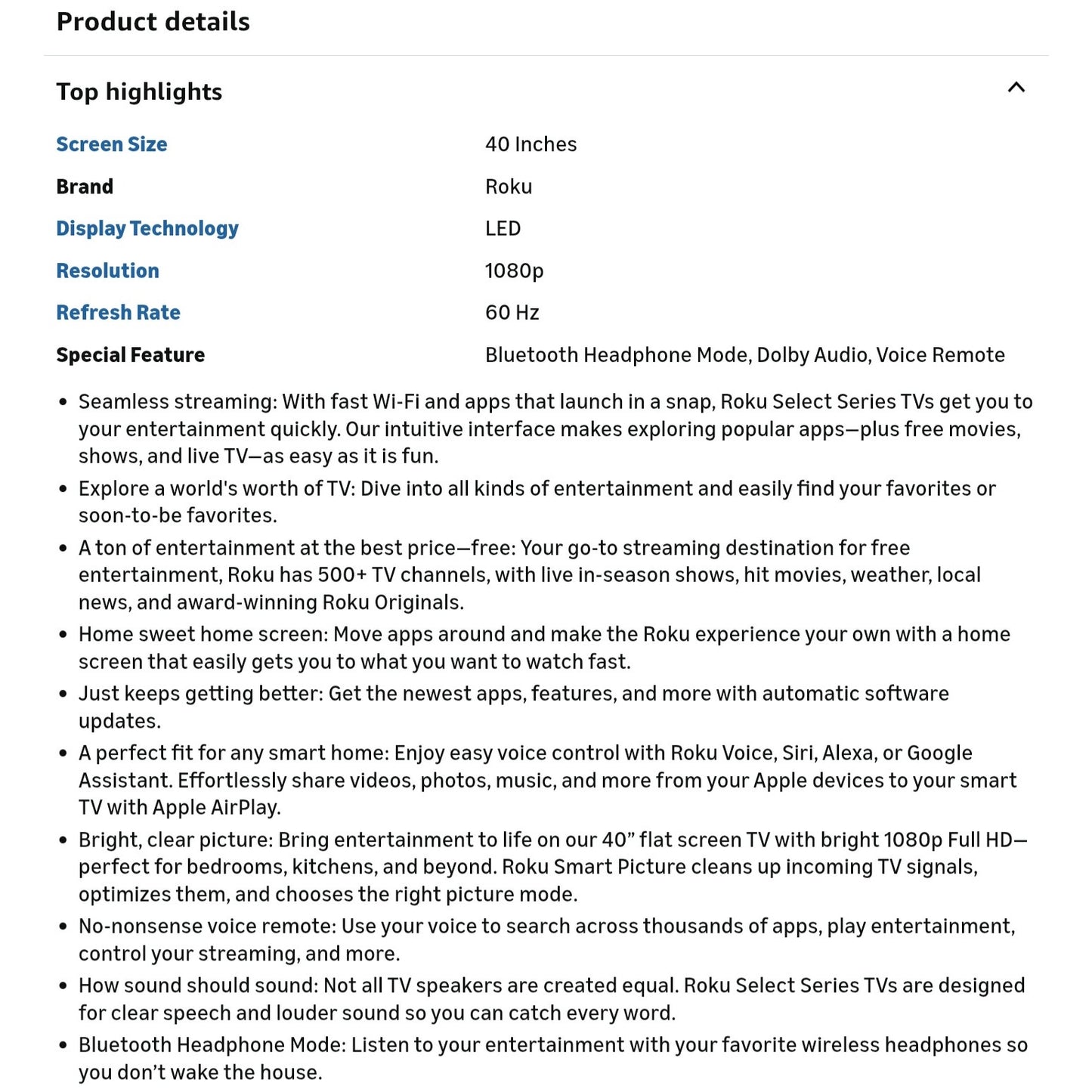 Roku Smart TV 2025 – 40-Inch Select Series, 1080p Full HD TV – Roku TV with Voice Remote