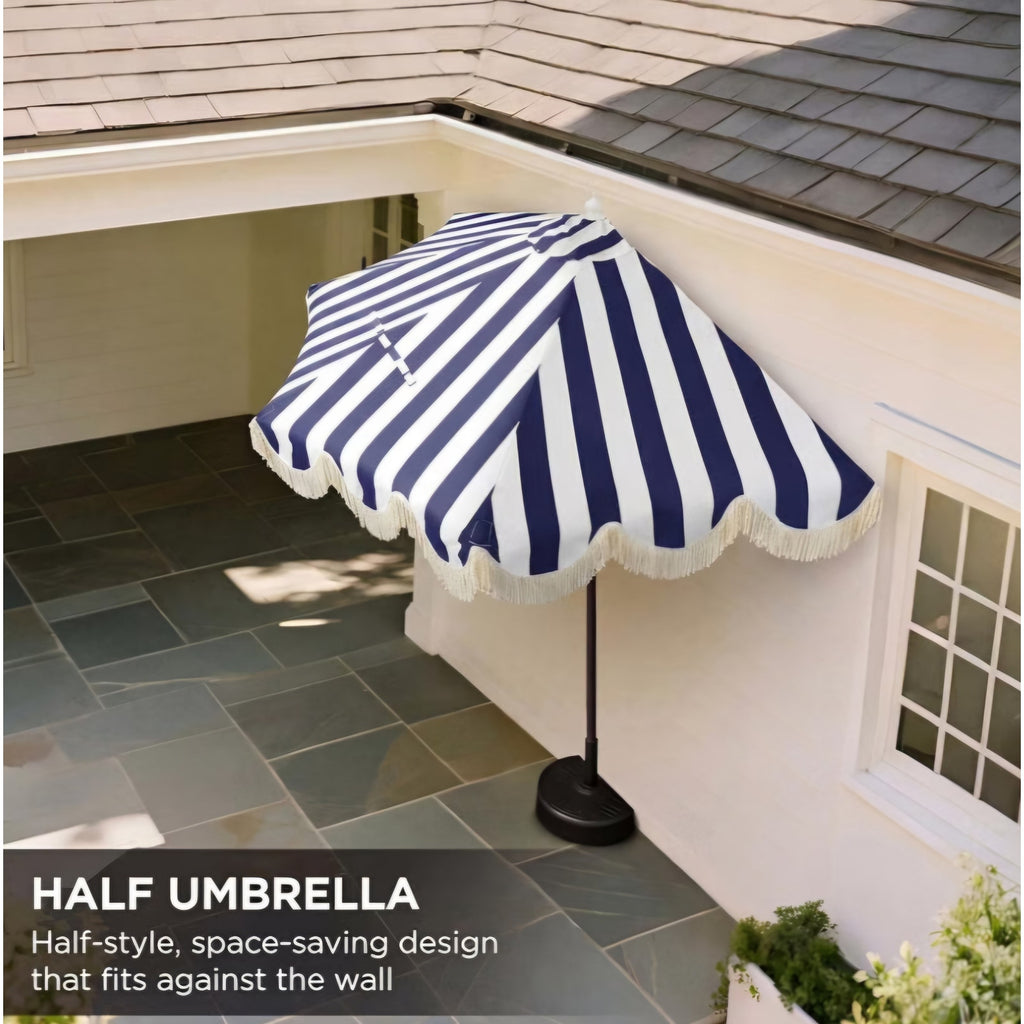 JONATHAN Y Beverly 9 ft. Coastal Navy and White Striped Half Patio Umbrella with Scalloped Fringe