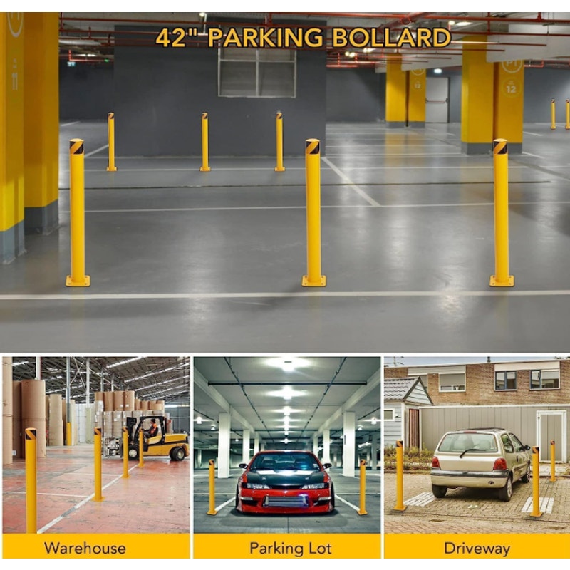 Safety Bollard 6 Packs, Garvee 42 in Height Bollard Post, 4.5 in Diameter, Yellow Safety Steel