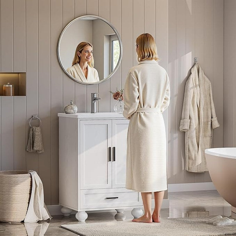 LIKIMIO 24" Bathroom Vanity with Ceramic Sink,  Solid Wood Legs, 18.3"D x 24.1"W x 33.2"H, white