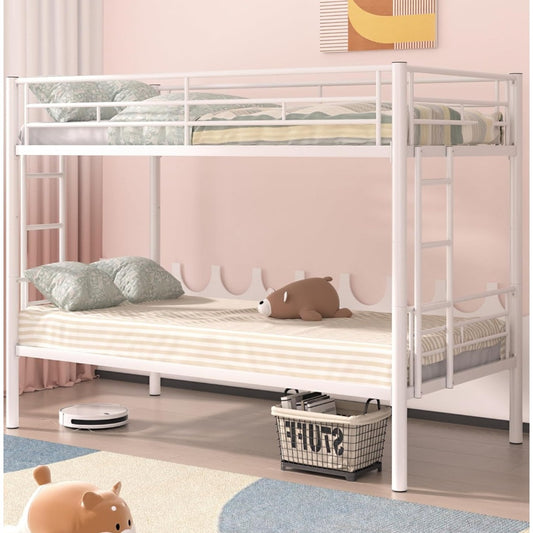 VECELO Bunk Bed Twin Over Twin, Metal Bunkbeds with Ladder and Full-Length Guardrail, No Box Spring Needed, Space Saving, Noise Free, White