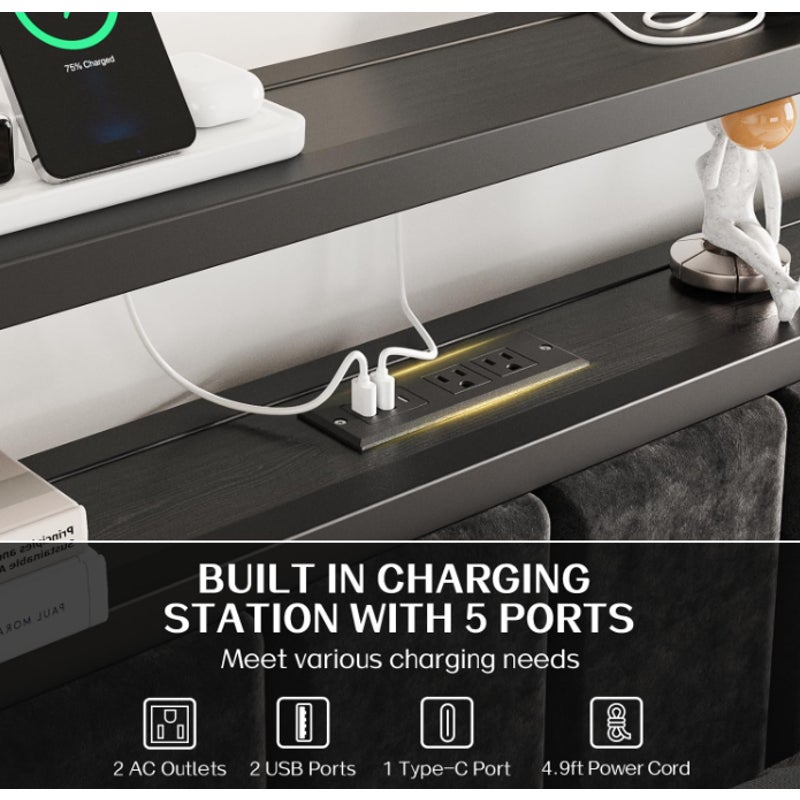 OLEVS Queen Size Bed Frame with LED Lights & Charging Station
