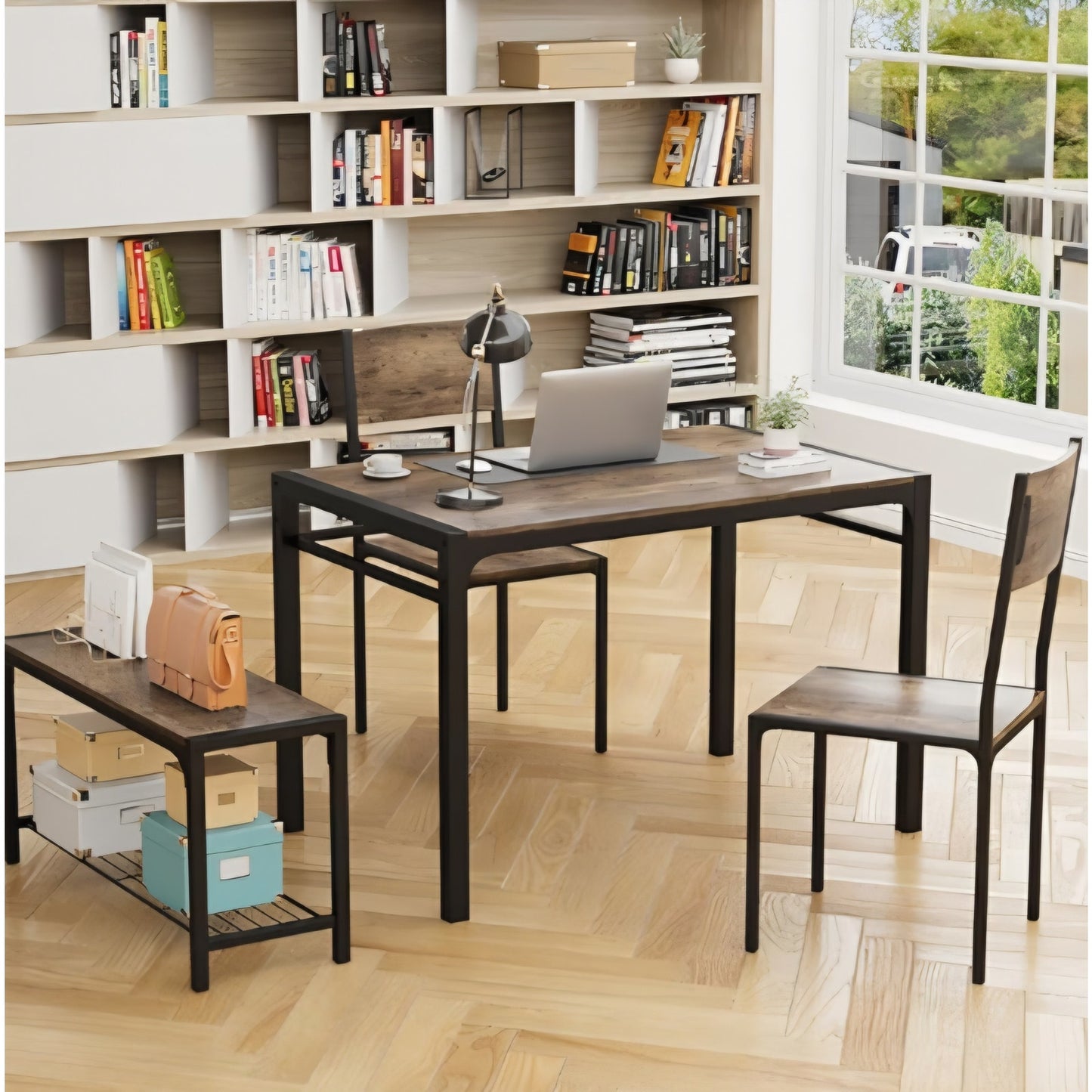 Rustic Industrial Dining Set- Table+ Bench+ 2 Chairs