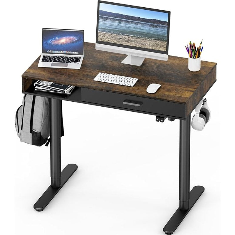 SHW 40-Inch Height Adjustable Claire Electric Standing Desk with Drawer, Rustic Brown