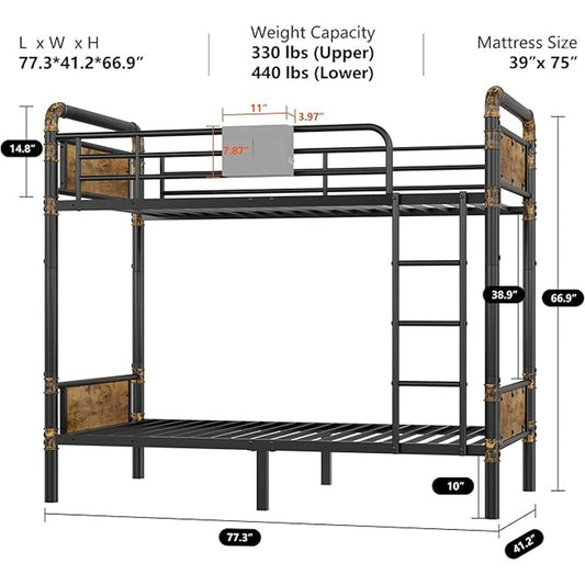 2 IN 1 Metal Bunk Bed Twin Over Twin, Convertible Twin Bunk Beds into 2 Individual